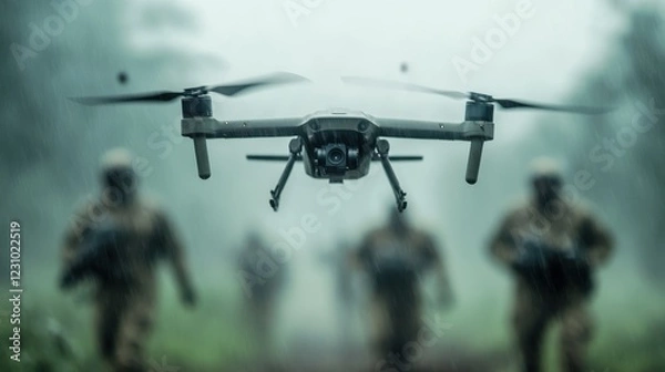 Obraz Military drones soar amid tactical operations in a misty landscape