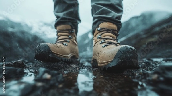 Obraz Hiking boots on a rocky mountain trail with stunning vistas beyond