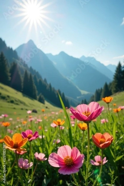 Fototapeta Sunlight filters through flowers in a mountain meadow, flowers, wildflowers