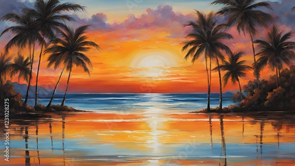 Fototapeta A summer resort featuring a tropical beach, complete with palm trees and the sea, illuminated by the hues of sunset