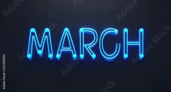 Obraz march word lettering with neon blue glow on plain black dark background