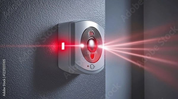 Fototapeta Smoke alarm checks. Security alarm system with red laser indicators on a wall.