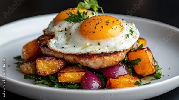 Obraz Delightful close-up of perfectly cooked fried eggs on a white plate