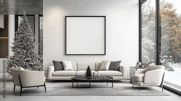 Fototapeta Modern Living Room with Minimalist Decor and Christmas Tree