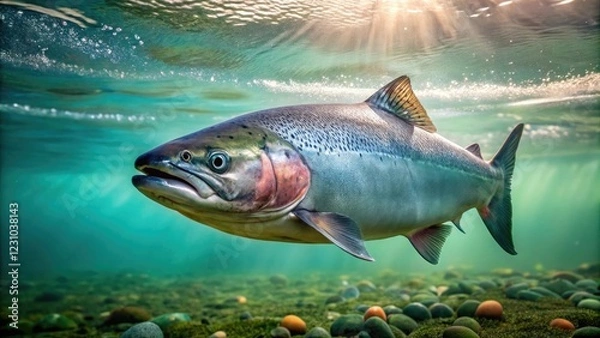 Fototapeta Salmon swimming near the surface of the water with a thin layer of slime on its body, fish scales, aquarium life, fish drool