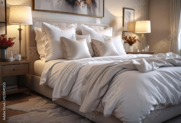 Fototapeta Soft lighting illuminates a luxurious bed with crisp white linens and fluffy pillows in a serene bedroom atmosphere , bed, relaxing