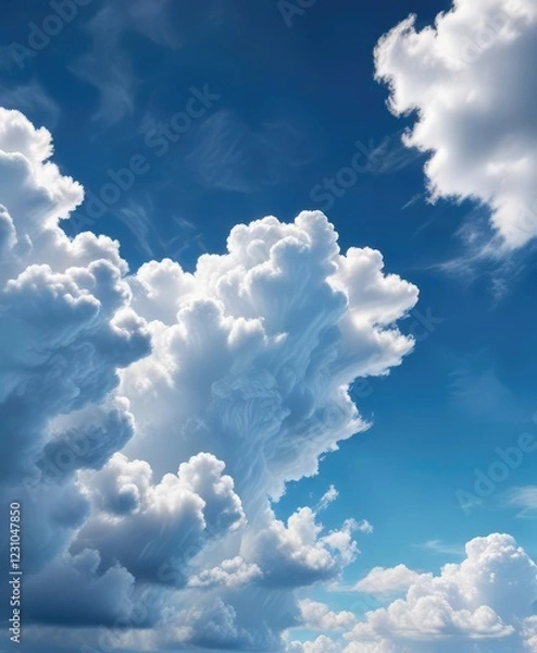 Fototapeta Soft and puffy white clouds against a brilliant blue backdrop with a subtle gradient effect, fluffy clouds, soft focus