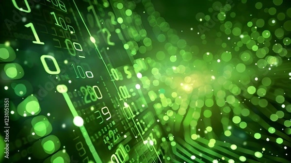 Obraz Abstract digital background with green binary code and glowing particles.
