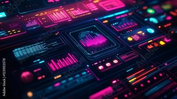 Fototapeta Colorful neon-themed illustration featuring various electronic devices on a vibrant background