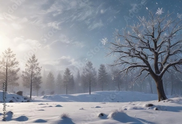 Fototapeta Snowflakes falling gently from the sky on a winter day , peaceful scene, delicate snow