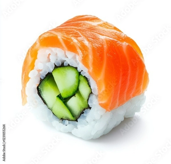 Fototapeta Single Philadelphia roll sushi with salmon and cucumber isolated on white.