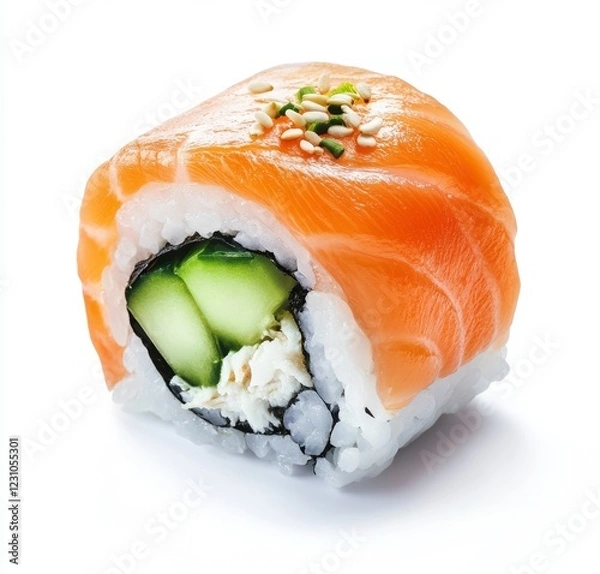 Fototapeta Single Philadelphia roll sushi piece with salmon, cucumber, and cream cheese, isolated on white background.