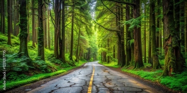 Fototapeta Old Cracked Road Surrounded by Majestic Trees - A Documentary of Nature's Resilience and Decay, Capturing the Beauty of Weathered Paths and Lush Greenery in a Serene Landscape