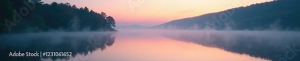 Fototapeta Misty dawn light dances across a tranquil lake, water, empty, natural