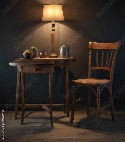 Fototapeta Rustic wooden chair and table set with lamp on dark background, rustic, wallpaper, mockup