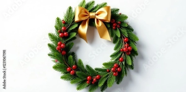 Fototapeta Decorative wreath with golden bow and red berries, red berries, golden bow