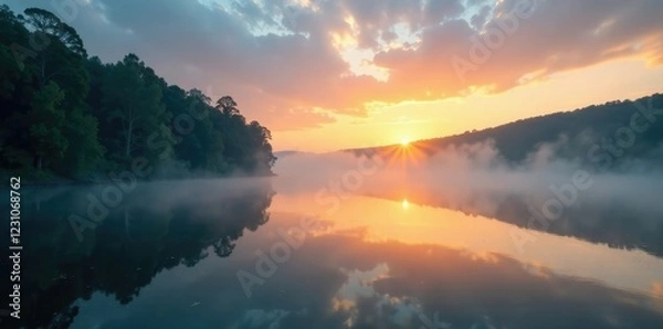 Fototapeta Misty dawn breaks over the river's tranquil surface, reflection, serene, weather