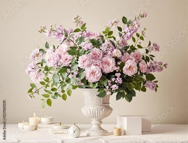Obraz Softly lit purple flowers and leaves arranged in a vase or still life setting with a neutral background, botanical prints, floral arrangement