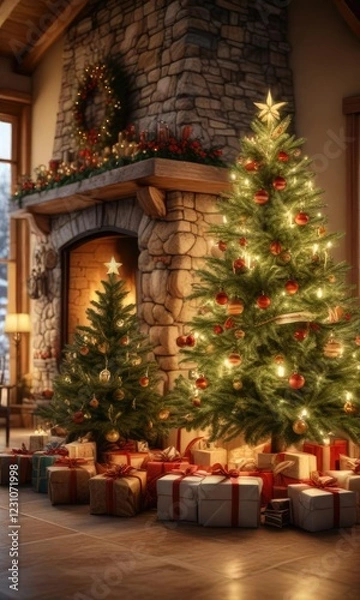 Fototapeta Presents piled high around the base of a Christmas tree in front of a large stone fireplace with a warm glow , holiday decor, Christmas tree