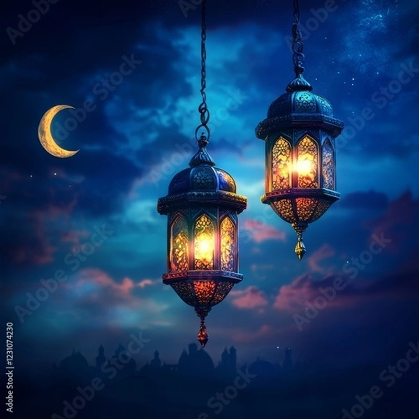 Fototapeta Two illuminated lanterns hang against a night sky with a crescent moon and distant city skyline.