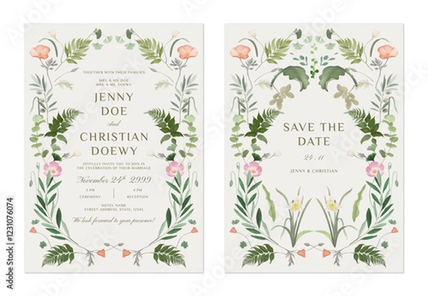 Obraz wedding invitation and save the date template set of whimsical floral motif with a variety of flowers and leaves arranged in a circular frame on a brown background, adding a fairytale-like atmosphere