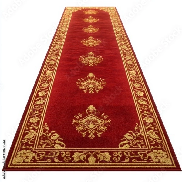 Fototapeta Red carpet runner with gold ornate pattern, isolated on white background. (2)