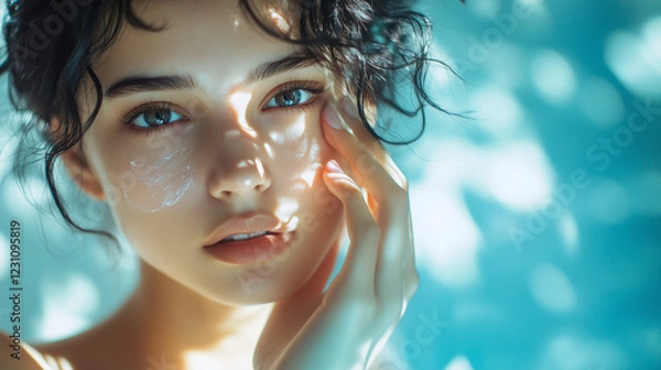 Obraz こちらを見つめる透明感のあるダークヘア、ウエーブヘアの女性