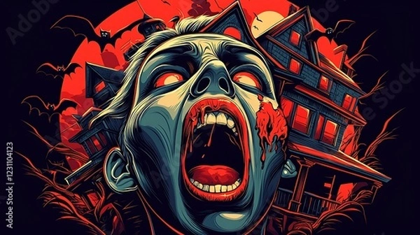 Fototapeta Eerie scene of a screaming woman with vampire fangs in front of a haunted house at night