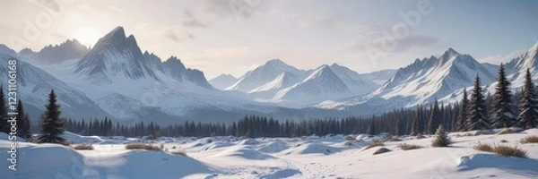Fototapeta Serene snow-covered landscape with distant peaks, peaceful scene , cool atmosphere