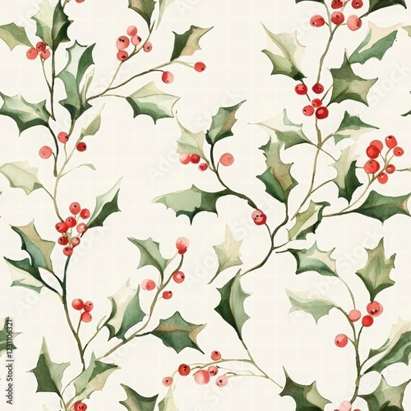 Fototapeta Elegant Holly Leaves and Berries Pattern on Light Background