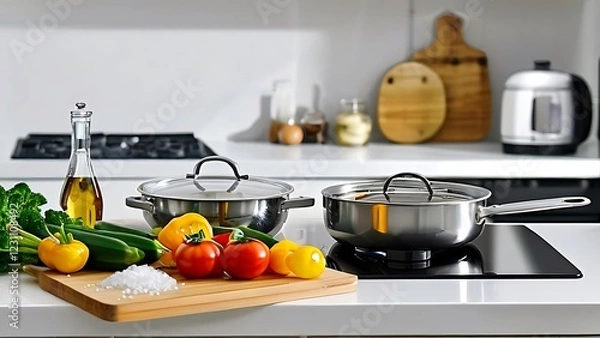 Obraz A kitchen counter holds cooking ingredients, including tomatoes, peppers, and garlic next to pots and pans, bottle of olive oil for any health or wellness representation of  Healthy Lifestyle