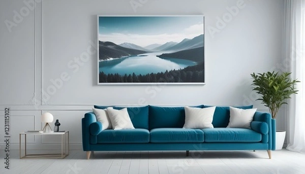 Fototapeta Interior mockup In a white room a blue sofa is placed next to a photo frame on the wall

