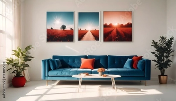 Fototapeta Interior mockup In a white room a blue sofa is placed next to a photo frame on the wall
