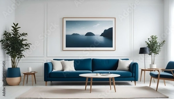 Fototapeta Interior mockup In a white room a blue sofa is placed next to a photo frame on the wall
