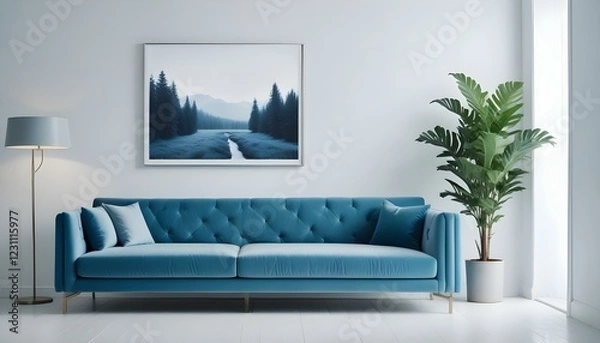 Fototapeta Interior mockup In a white room a blue sofa is placed next to a photo frame on the wall
