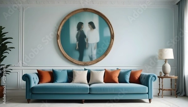 Fototapeta Interior mockup In a white room a blue sofa is placed next to a photo frame on the wall
