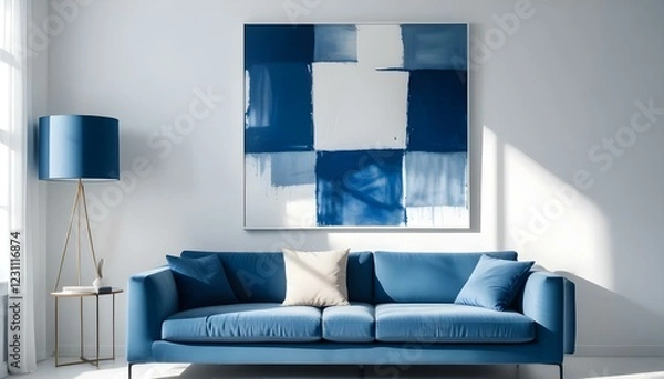 Fototapeta Interior mockup In a white room a blue sofa is placed next to a photo frame on the wall
