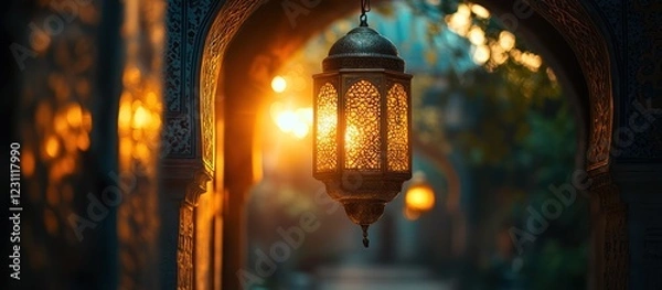 Fototapeta Lantern glows in arched passage, sunset