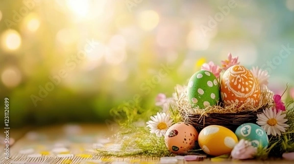 Fototapeta A vibrant collection of colorful eggs nestled in a flower-adorned nest, elegantly displayed on a table, celebrating the joy of Easter.