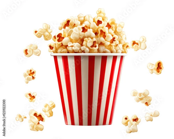 Fototapeta Delicious popcorn in classic red and white striped bucket, perfect for movie nights and snacks. fluffy kernels are bursting with flavor and fun