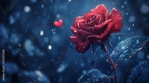 Fototapeta romantic painting of a rose with dew drops on its petals, capturing the freshness and beauty of love, perfect for Valentine's Day celebrations