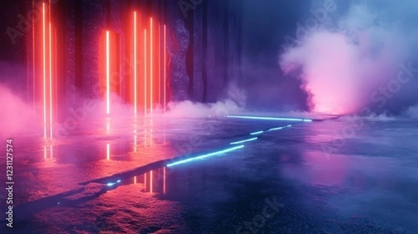 Fototapeta Vibrant reflections brightening a rainy night scene.