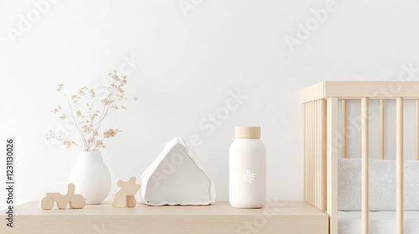 Fototapeta Neutral-toned nursery décor with wooden toys, dried flowers, and a minimalist water bottle.  Soft, calming aesthetic.