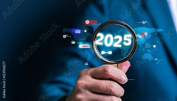 Fototapeta Trends 2025 year concept. Hand holding magnifying glass with 2025 trend searching 