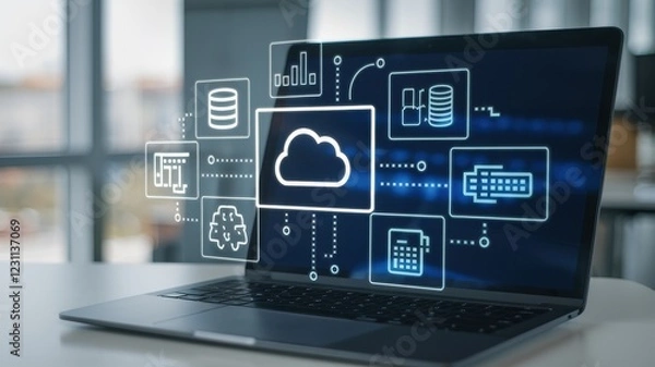 Fototapeta Cloud Computing Technology: A Laptop Displaying Data Storage, Network, and Server Icons