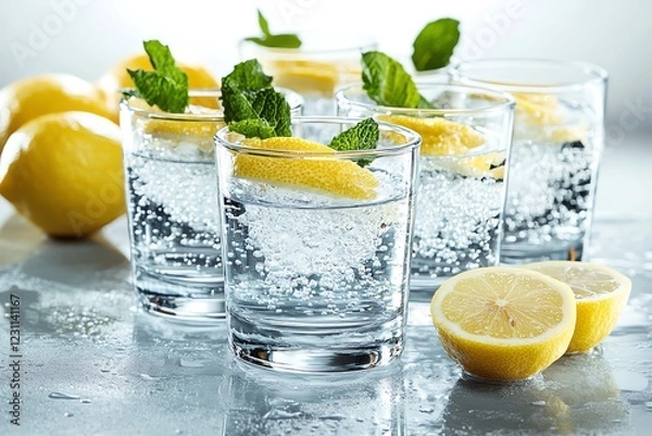 Obraz Refreshing Sparkling Lemon & Mint Drinks: A Crisp, Clean Visual