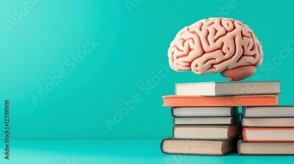Fototapeta Brain Model on Stack of Books Against Vibrant Blue Background
