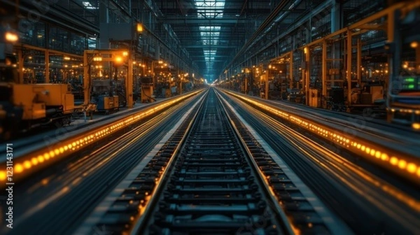 Fototapeta Industrial Railroad Tracks in a Factory at Night