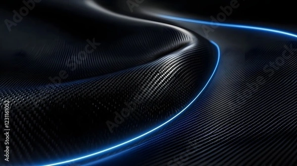 Fototapeta Futuristic black carbon texture with blue light for modern designs. A futuristic carbon texture with deep black tones. A high-tech and modern background for digital creatives.