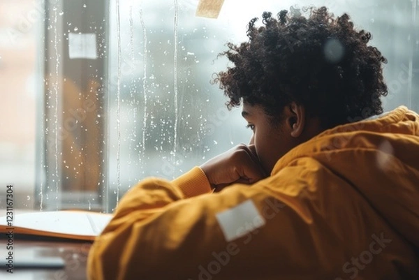 Fototapeta A student draws a smiling face on the foggy window, watching it slowly fade